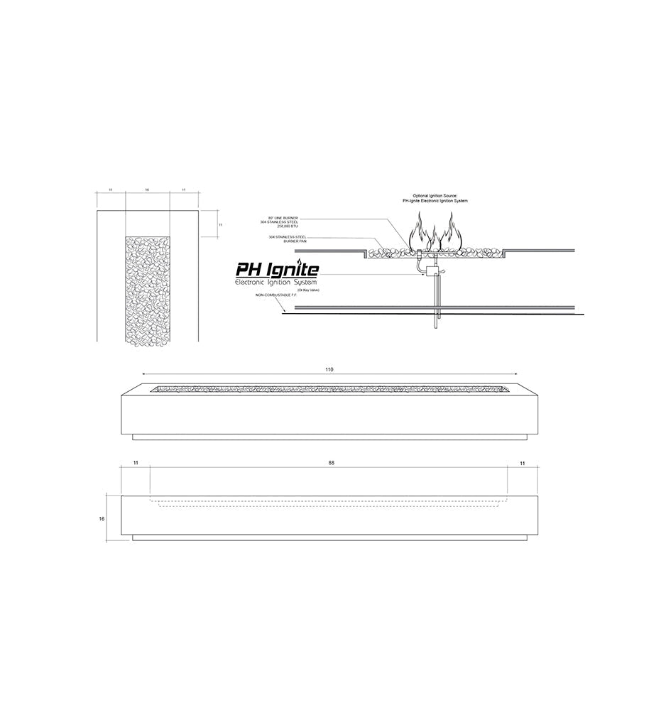 Las Palmas Fire Table 110" x 38" Diagram