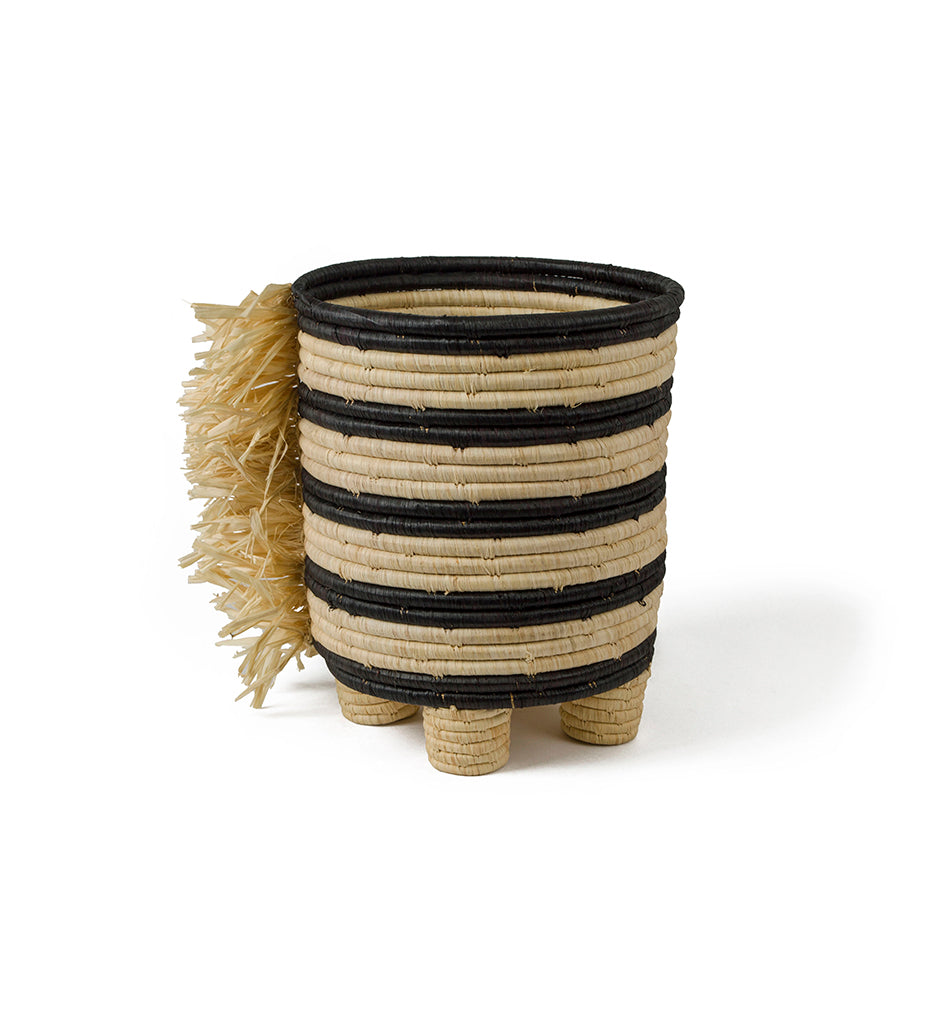 Black Striped Fringed Raffia Planter